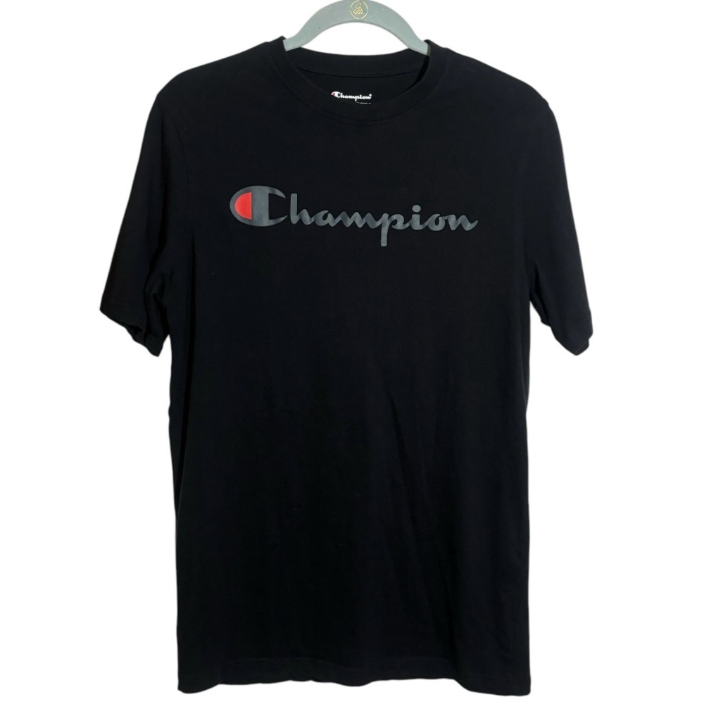 Champion Men’s Classic Black Tee with Gray Script Logo Short Sleeve Size Small